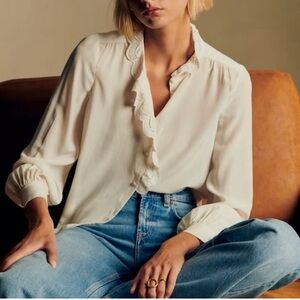 Sezane Chlo Shirt Silk Ecru FR 40 US 8 Ruffle Neck Covered Buttons Puff Sleeve
